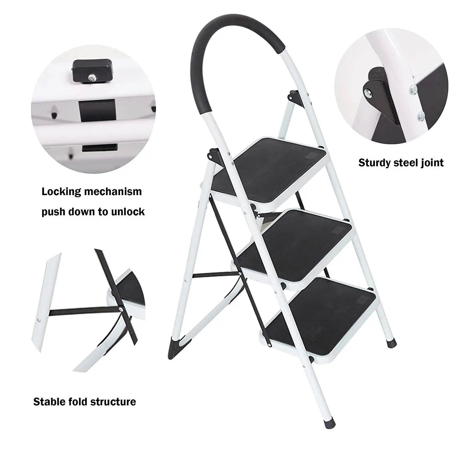 2022 new design compact foldaway 3 stool double side step ladder with handle