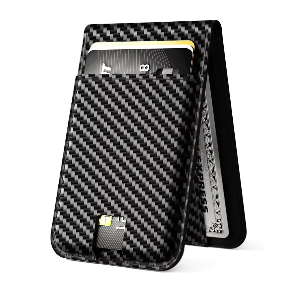 Carbon Fiber PU Leather Card Case RFID Blocking Portable Credit Card Holder Detachable Magnetic Phone Holder Wallet