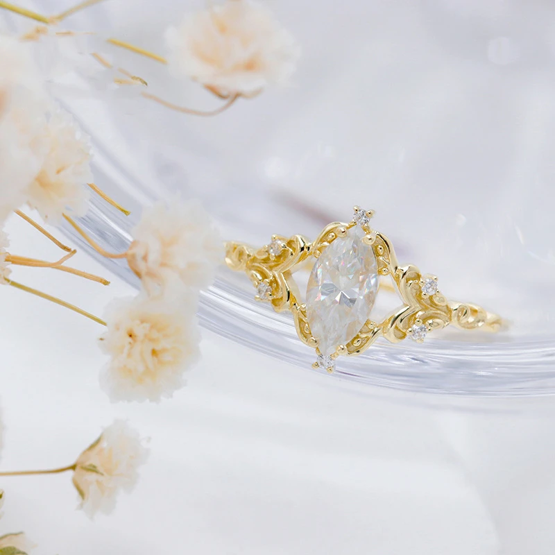 Firstmadam 10 Karat Gold Marquise Cut Moisantie Diamond Ring For Engagement Promise Ring