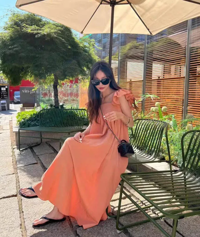 L6760  New 2024 Korean Fashion Solid Color Sweet Fly Sleeve Square Neck Casual Dress Women Clothing 5