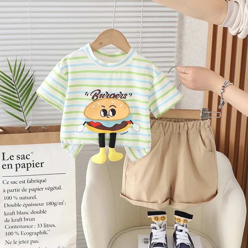 Baby Boy Summer Cute Cartoon Stripe Design T-shirt Cotton Short Clothing Two-piece Sets