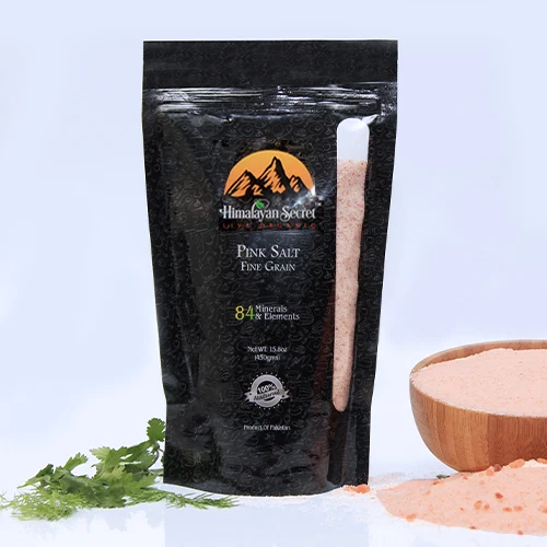 
Himalayan Dark Pink Salt fine grain (0.20~0.50 Mesh) ) Printed Standy Pouch 450 gm 