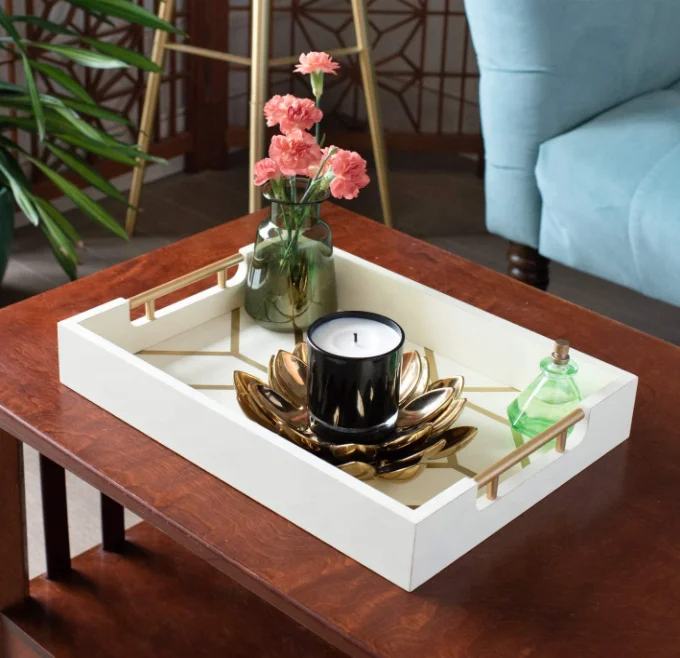 White  Gold Coffee Table Decorative Ottoman Tray for Serving Food wooden  tea tray with handles