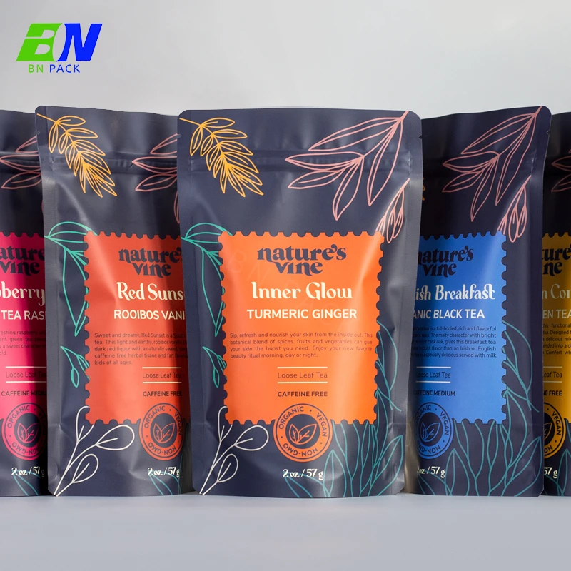 Custom printed heat seal  plastic zip lock smell proof aluminum foil stand up pouch packaging mylar tea coffee bags
