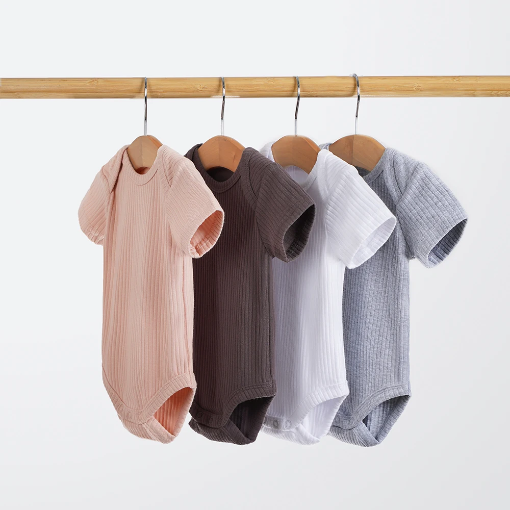 Оптовая продажа трикотажные комбинезоны с коротким рукавом в рубчик простые хлопковые 13 видов цветов белые для новорожденных детские