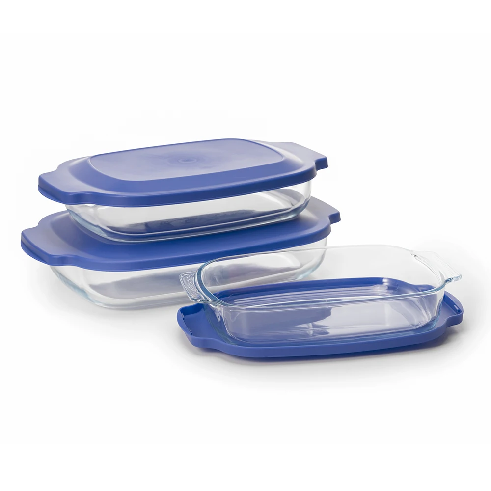 IKOO Customized multiple size Heat resistant glass bakeware with lid whole sale glass baking pan set