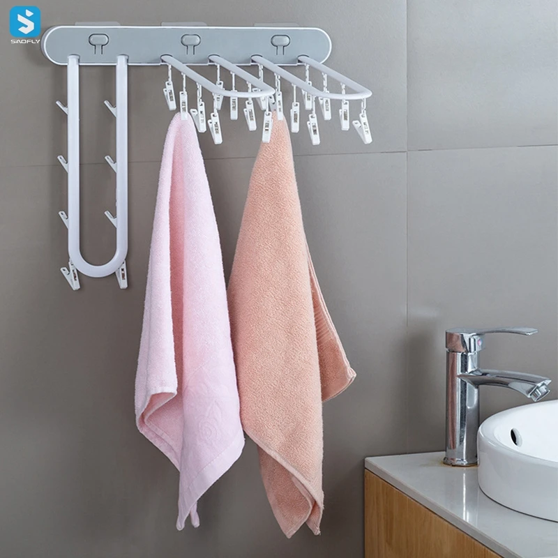New Arrival Wall Mounted Windproof Hook Multi Clip Foldable Clothes Drying sock Towel Hanger Underwear Drying Rack