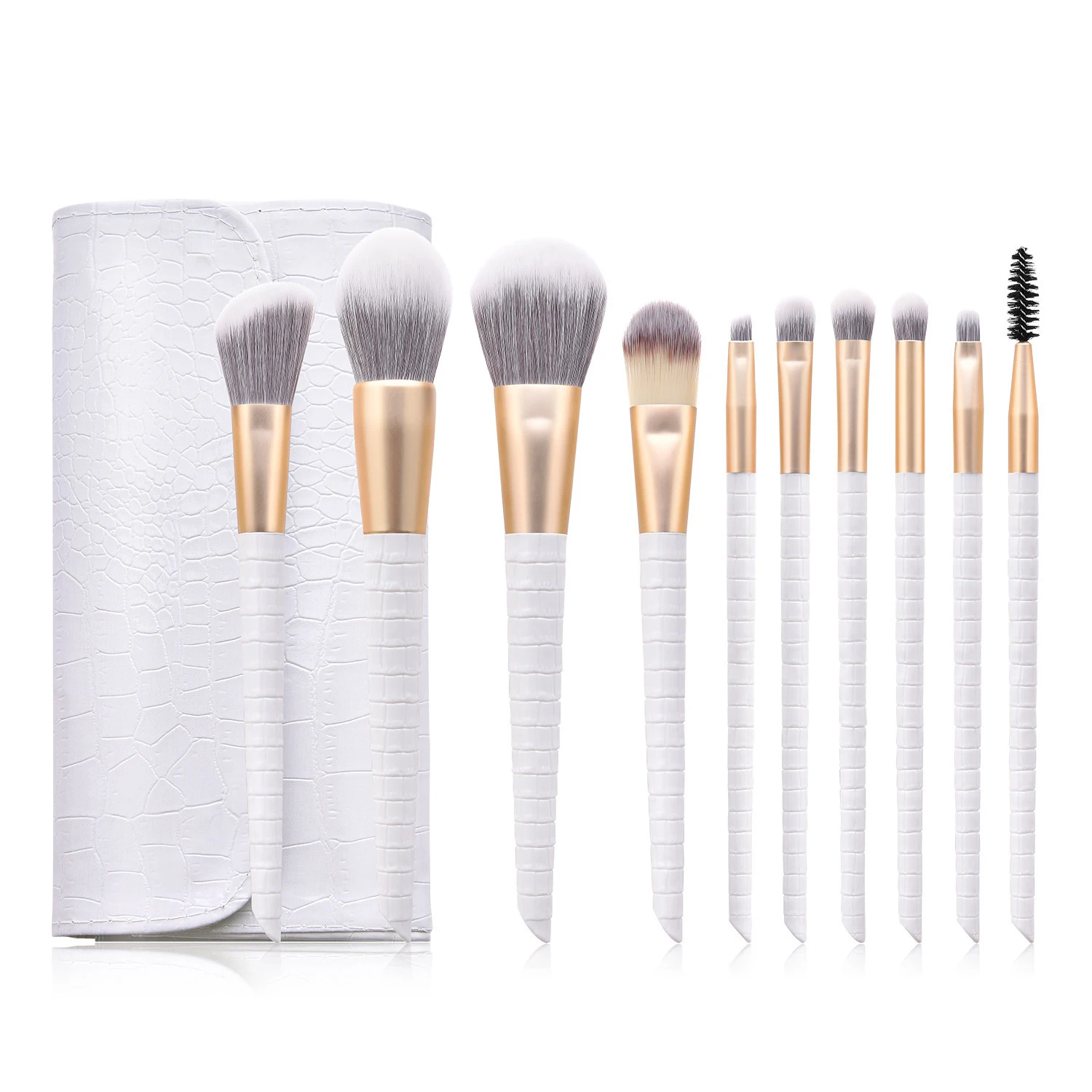 
free logo printing PU bag 10 pcs professional wood makeup brush set vegan custom logo For Face Eye Shadow Foundation Blusher 