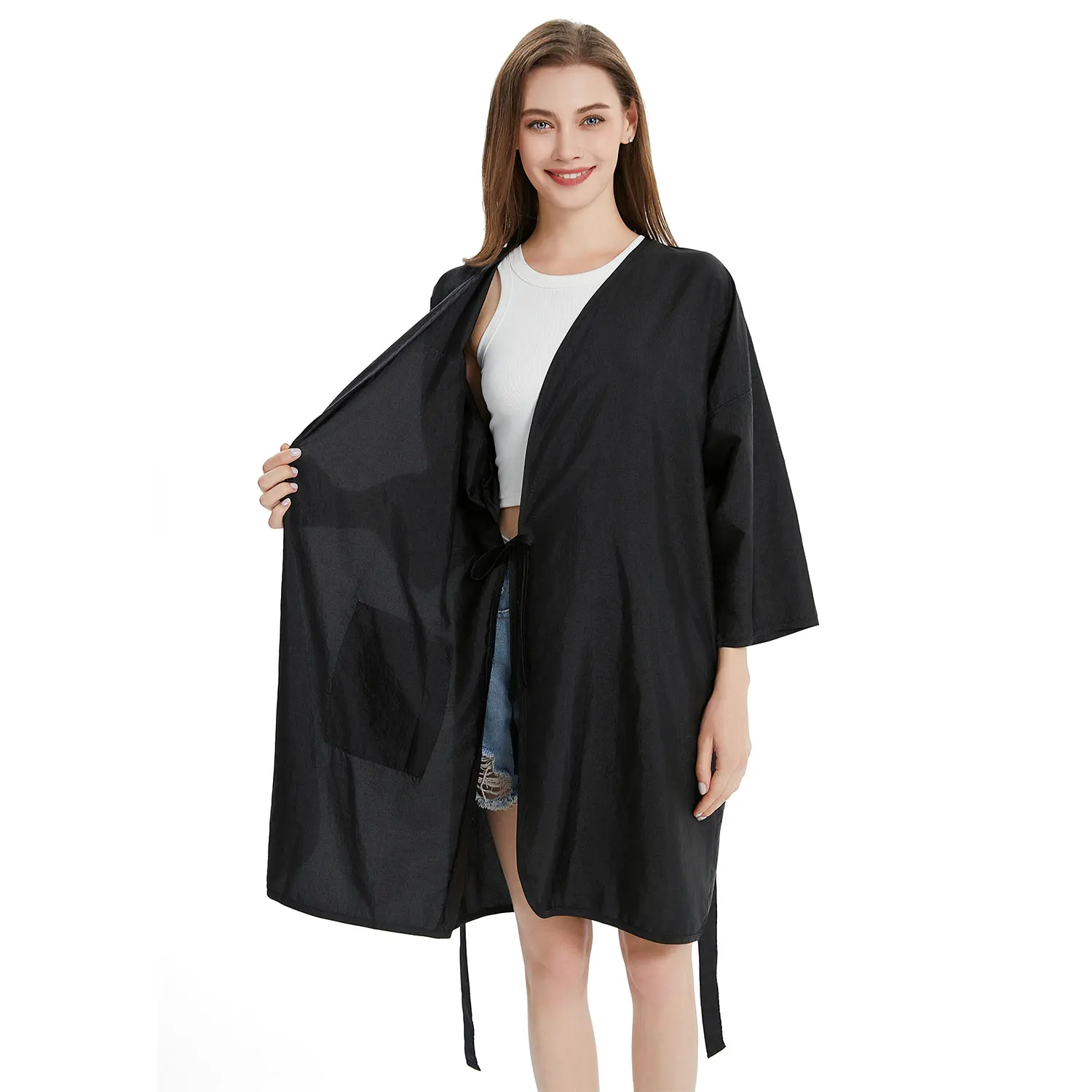 Crinkled Shining Nylon Kimono-style Robes for Hairdressing and Beauty Salon, Custom Long Sleeve Smock Cape for Clients 1D