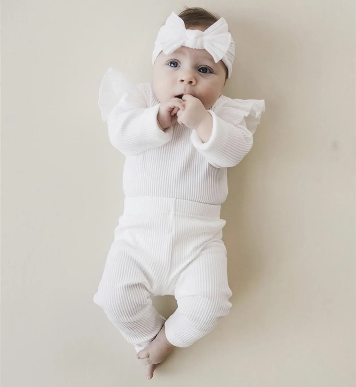 Autumn and winter baby pit strip cotton set solid color flying sleeve home pajamas