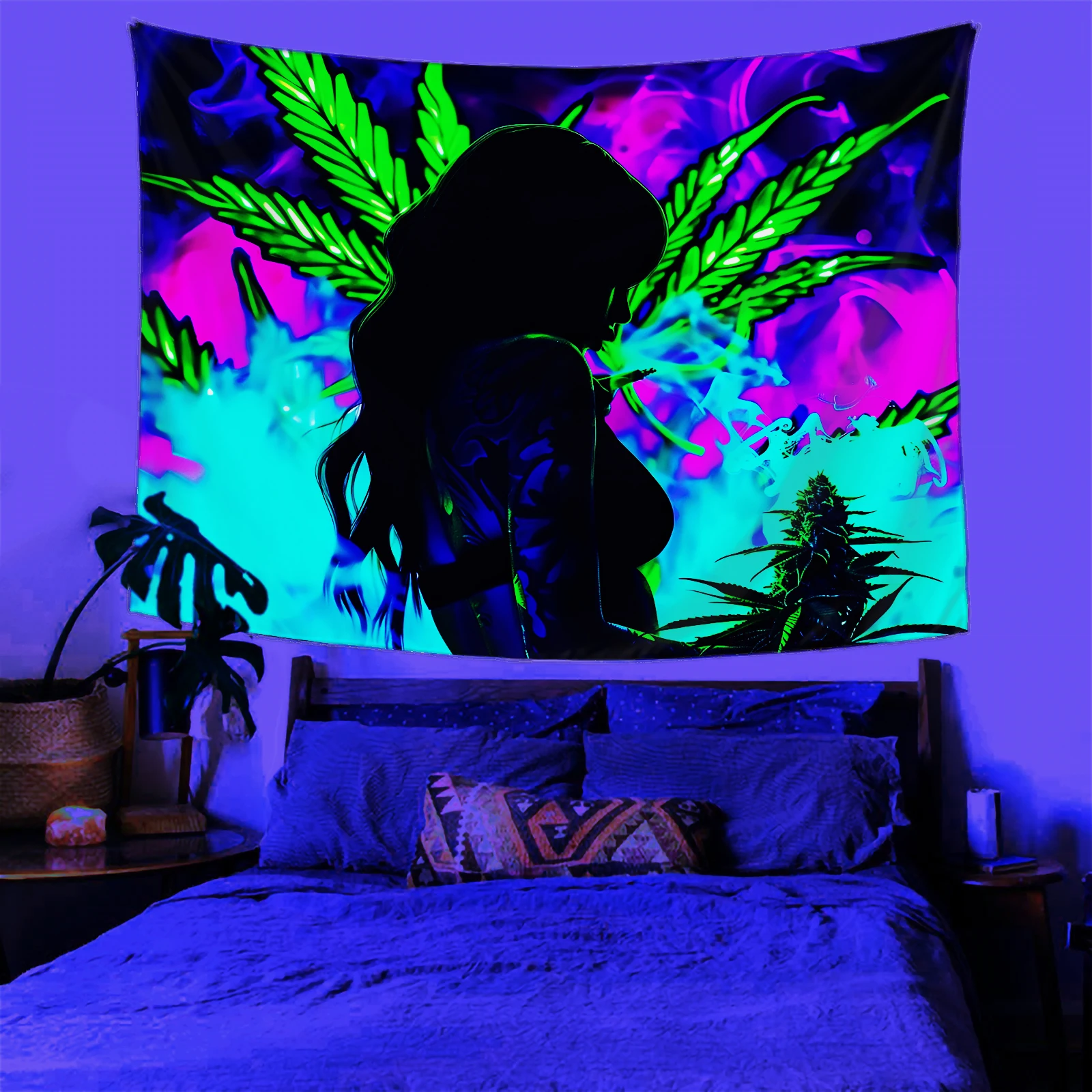 Cool Girl Fluorescent Tapestry Custom Design Animal Pattern Wall Art for Living Room Woven Printed Techniques Anime Feature