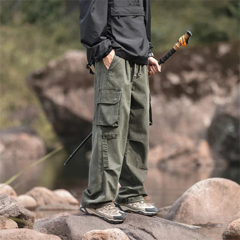 Workwear Style Drawstring Cargo Packet Stretchable Waist Cargo Pants Outdoor Active Wear-Resistant Work Trousers for Men
