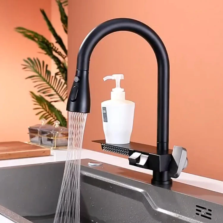 SANIPRO New Fly Rain Waterfall 304 Stainless Steel Sink Kitchen Tap Mixer Push Button Piano Key Pull Out Down Sprayer Faucets