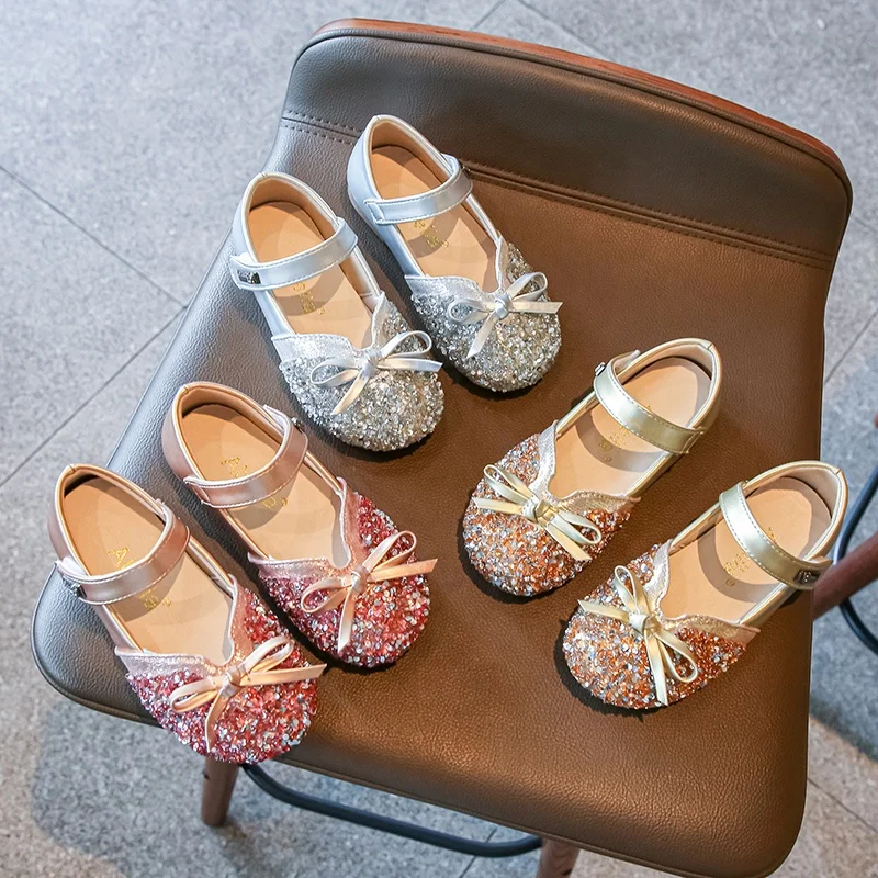 2022 New Girl Princess Shoes Glitter Patchwork Shoes For Kids Bling Bowknot Rhinestones Girls Baby Girl Dress Shoes