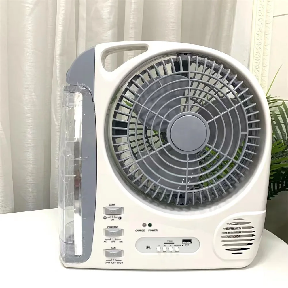 Wholesale Home Electric Portable Small Rechargeable Solar Fan with Battery and LED Light FM Radio Speaker Mini