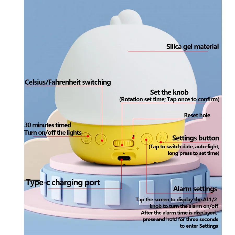 1pc new duck night light alarm clock, date/temperature conversion display, can switch light color