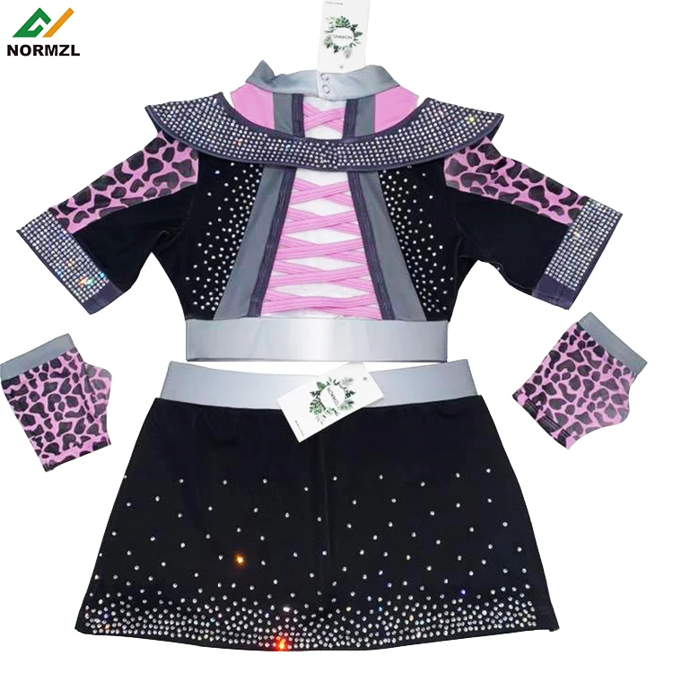 Custom rhinestone black and purple two pieces cheer suit cheerleader outfit all stars kids cheerleading uniforms
