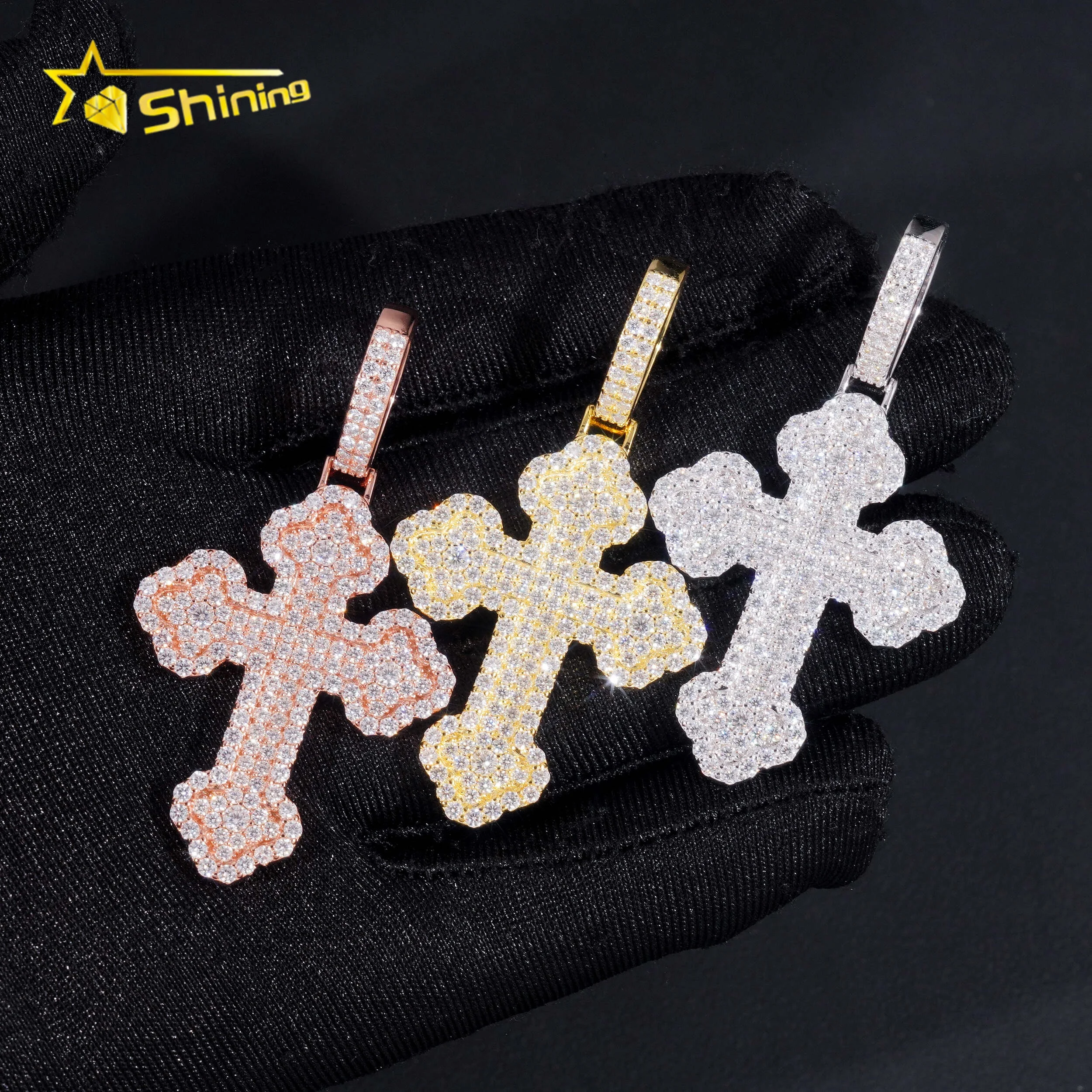 Ready to ship iced out Cross Pendant solid silver with moissanite diamond hip hop pendant necklace jewelry wholesale