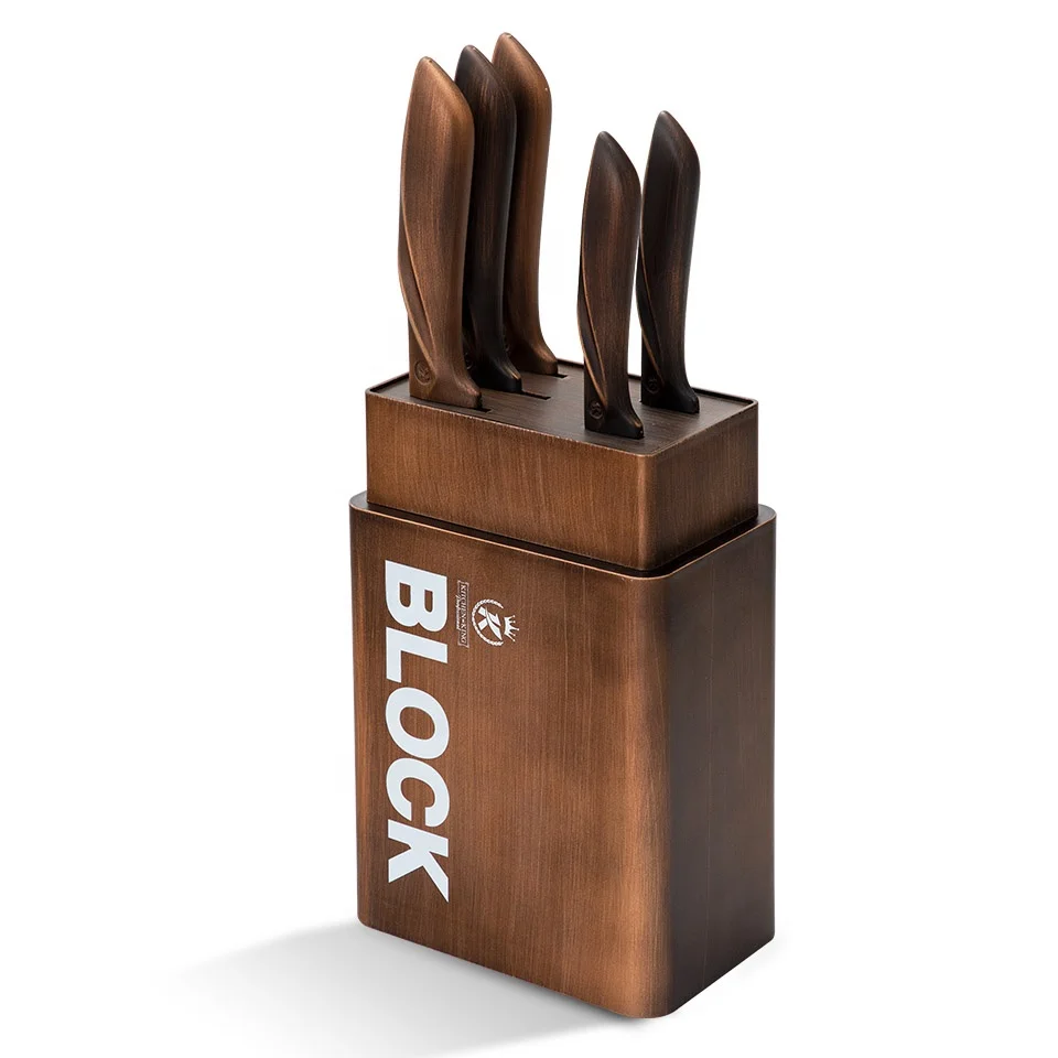 Kitchen King 6 pieces Copper Metallic handle kitchen knife block set black color pattern chef knife set kitchen