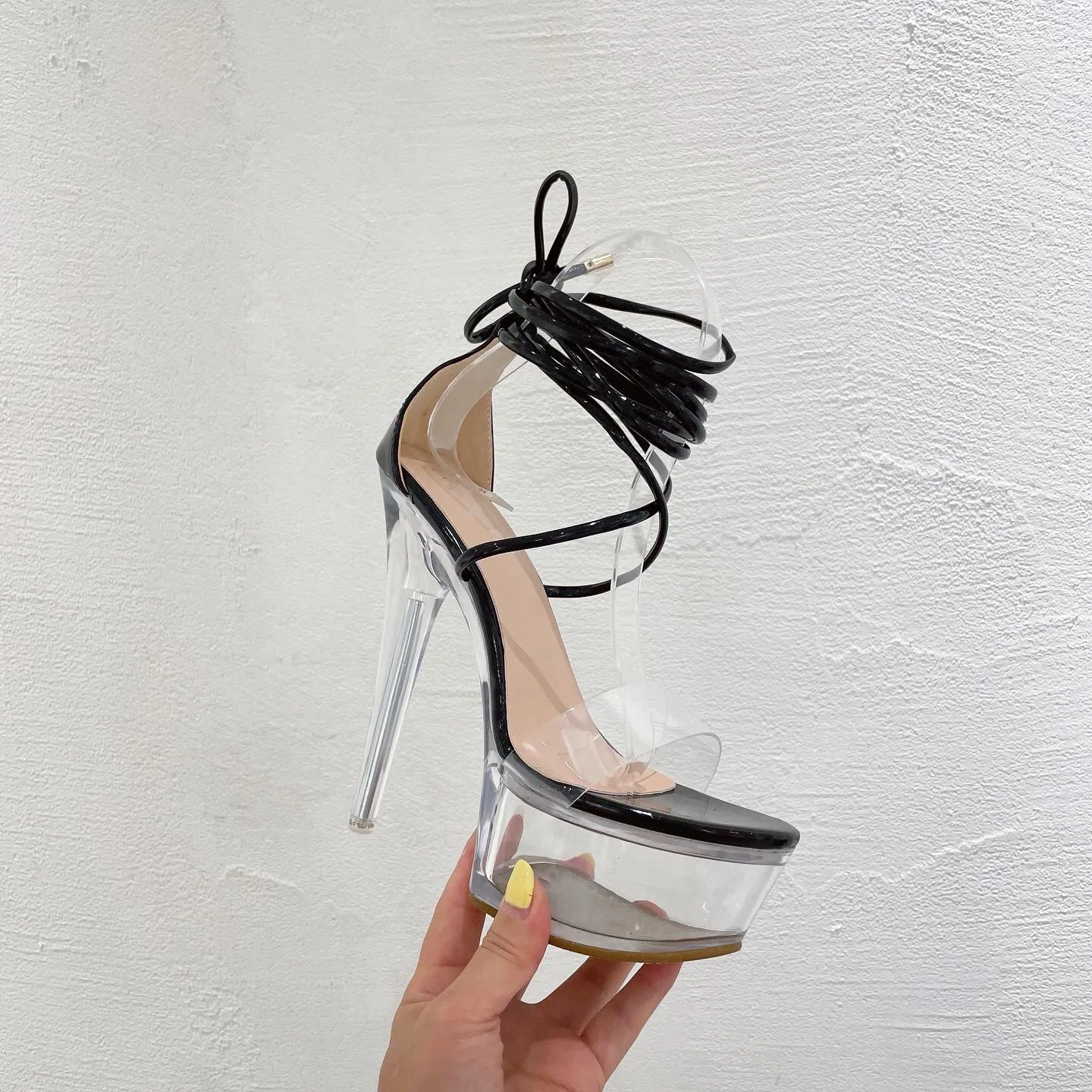PDEP new arrival transparent lace up design high shoes women heels platform night club clear stripper heels sandals for ladies
