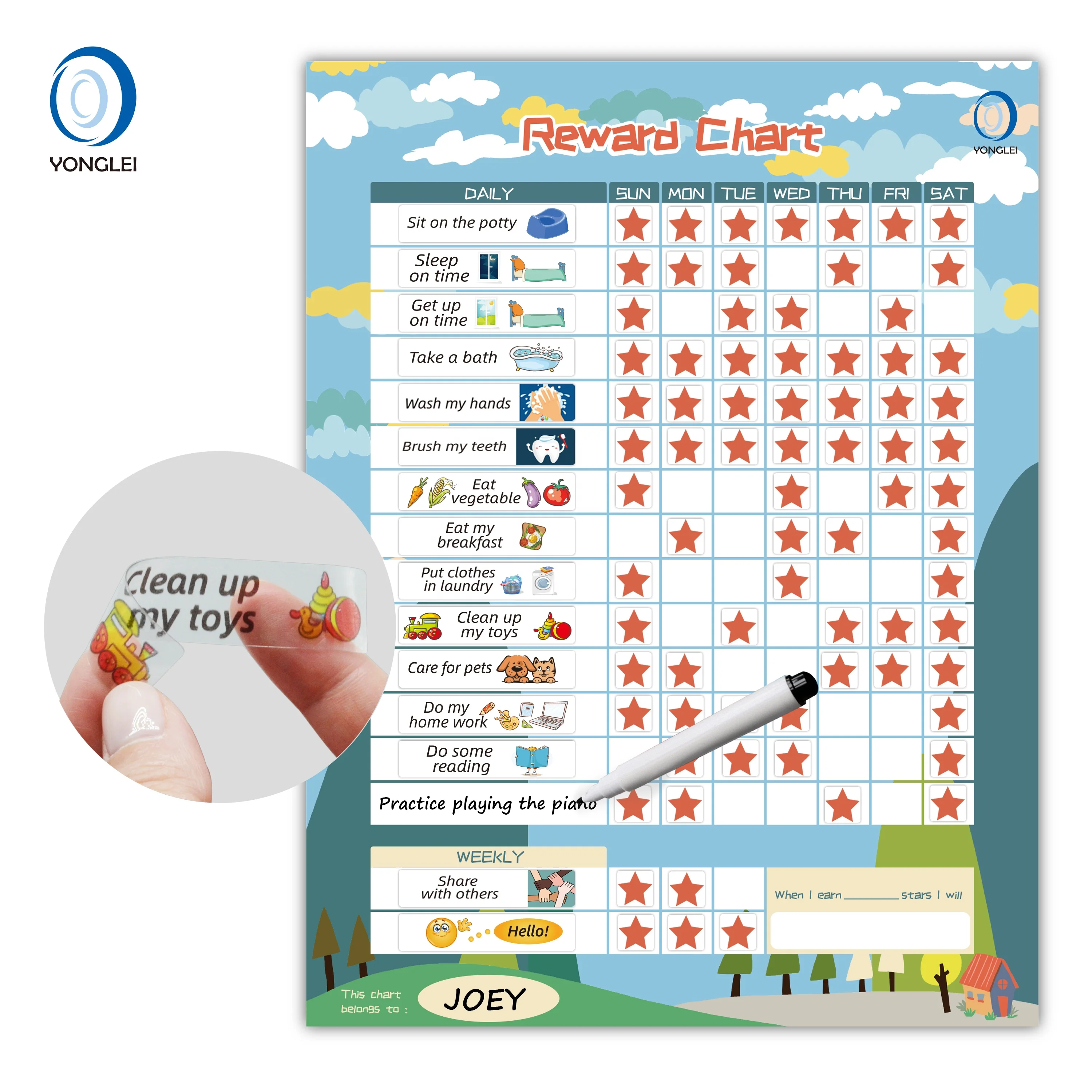 RC1.0-5A2 Yonglei nanotechnology dry erase child chore kids chore magnets my potty reward chart