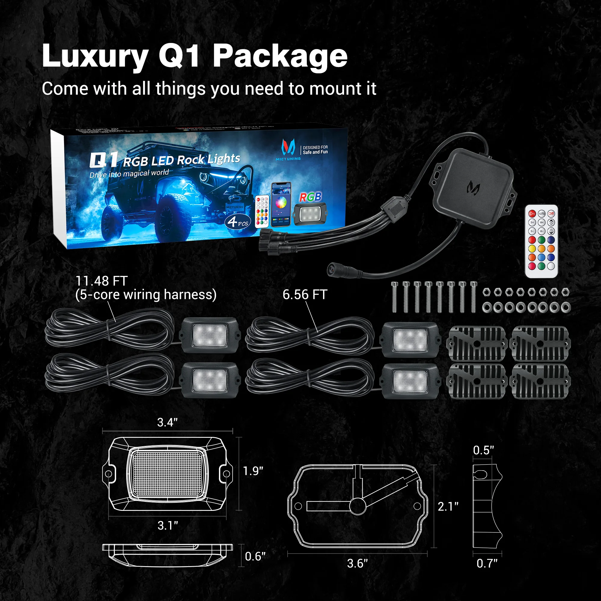 MICTUNING Q1 RGB светодио дный рок-свет-4 стручки многоцветные светящиеся неоновые огни приложение дистанционное управление для SUV ATV SUV пикап offraod