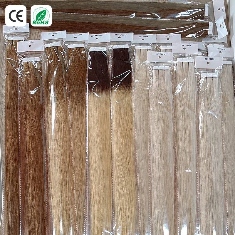 22 inch black tape in hair extensions 100human hair russian virgin 100% remy straight double drawn tape in extensions human hair