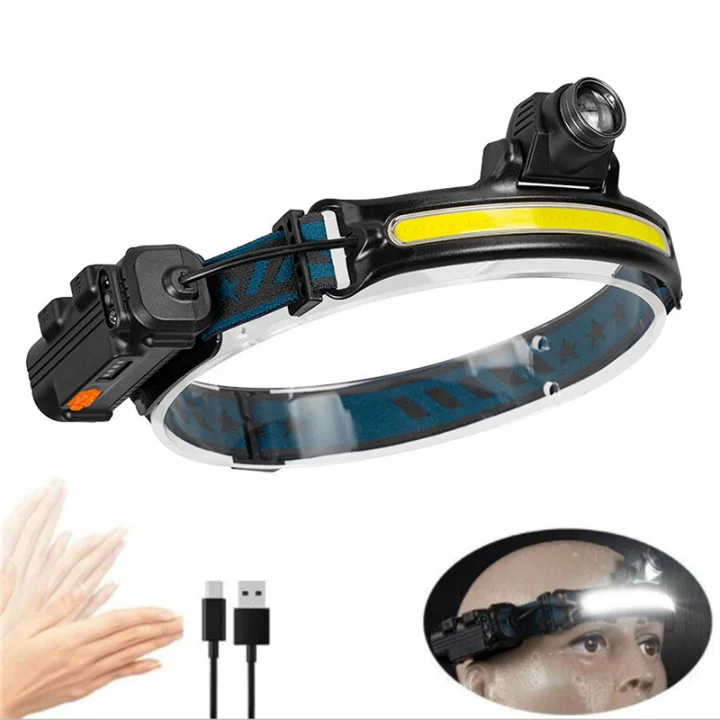 Double Adjustable  230 LED Headlight Super Bright Waterproof USB Rechargeable Head Lamp COB Motion Sensor Light Band Headlamp
