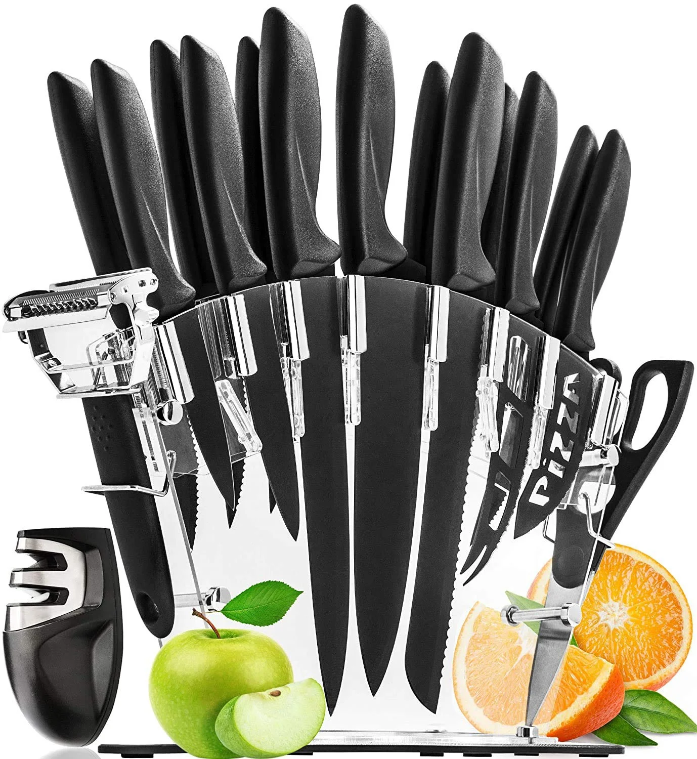 Hot sell product  17 Piece Stainless Steel Kitchen Chef Knife Black Kitchen Knife Set with Block and Knife Sharpener