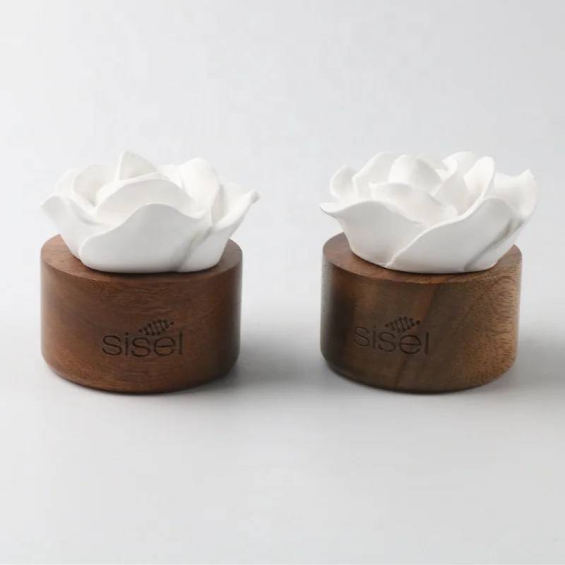 Wholesale Customized Car Air Freshener Home Scented Wood Base Ceramic Plaster Flower Aroma Porcelain Essential Oil Diffuser