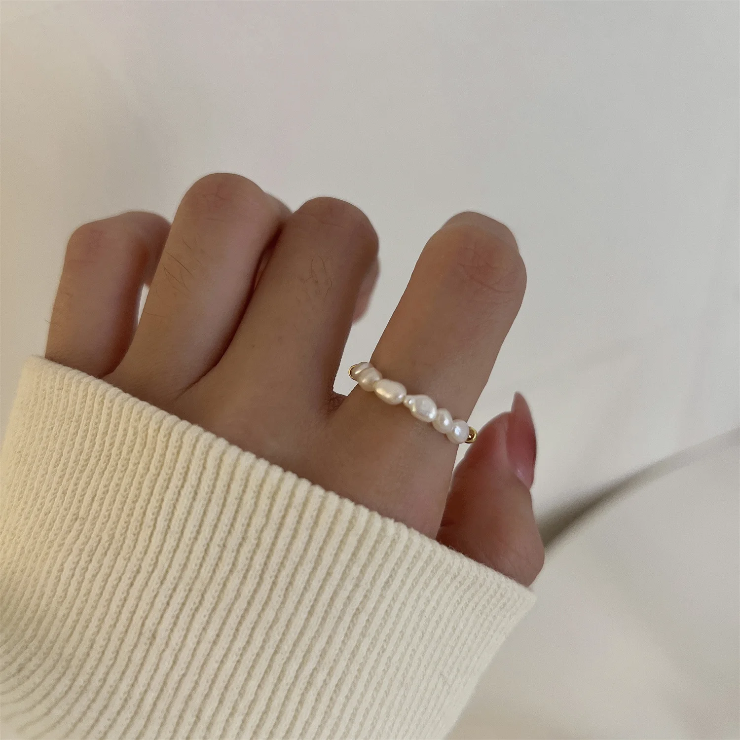 Fashion 18K Gold Geometric Jewelry Adjustable Elastic Rope Pearl Ring  For Women