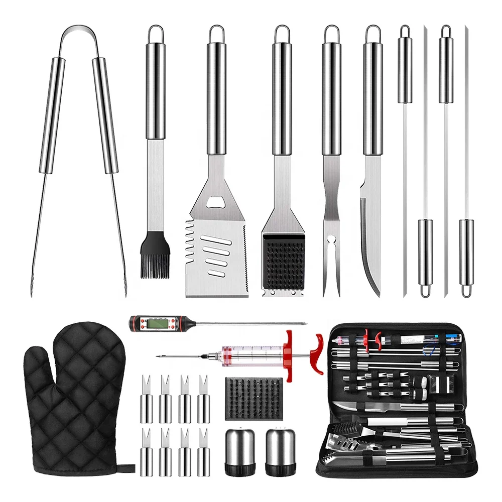 Grilling Kit for Smoker, Camping, Kitchen, Barbecue Utensil with Bbq Thermometer and Meat Injector in Bag Stainless Steel 25PCS