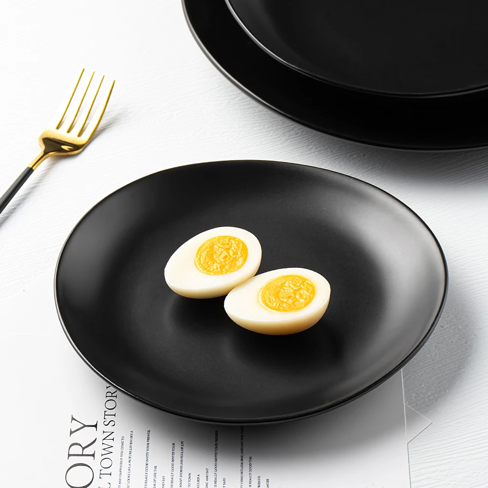 Wholesale custom logo heat resistant ceramic stoneware plates black matt restaurant dinner plates