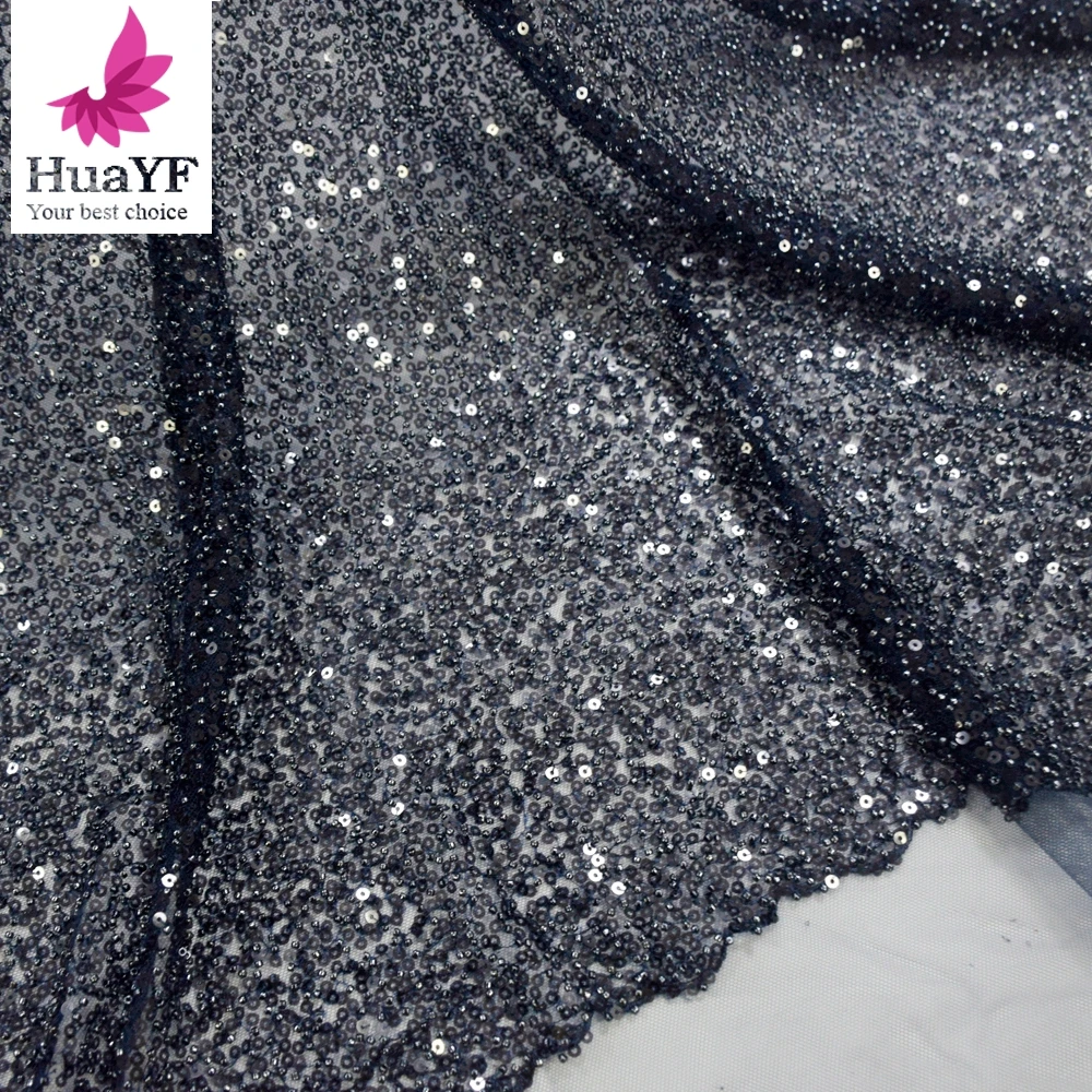 2022 Top quality super high density navy blue 3d beaded sequins lace luxury embroidery tulle lace dress fabric HY1763-2