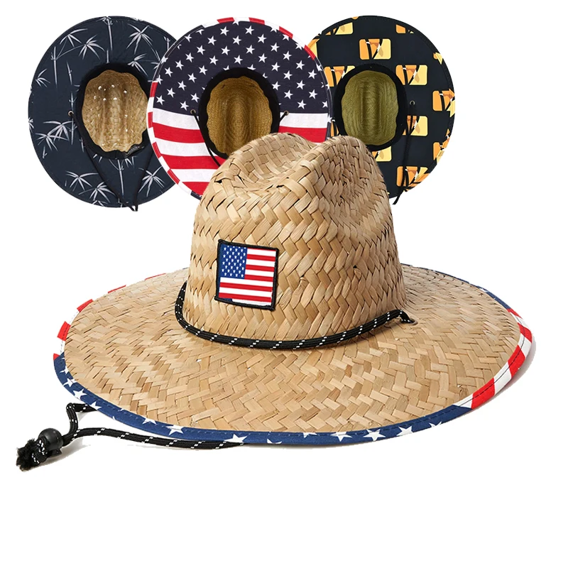 Natural Grass Summer Sun Wide Brim Men Fishing Cowboy Hat Custom Straw Hat Beach Straw Surf Lifeguard Hat for Unisex
