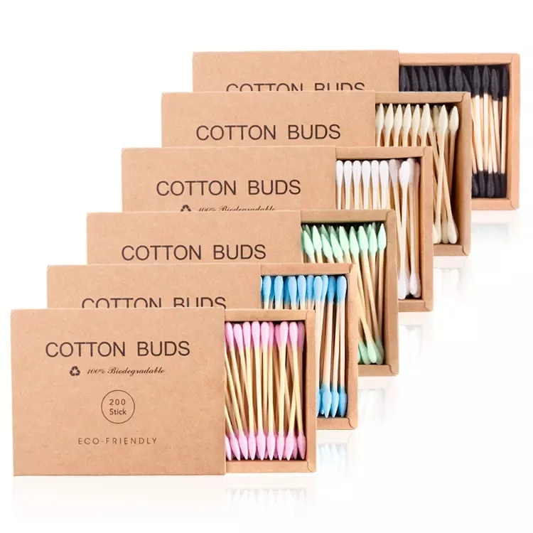 Private Label 200pcs Kraft Paper Box Biodegradable Colorful Orgnic Cotton Buds Eco-Friendly Bamboo Ear Cotton Swabs