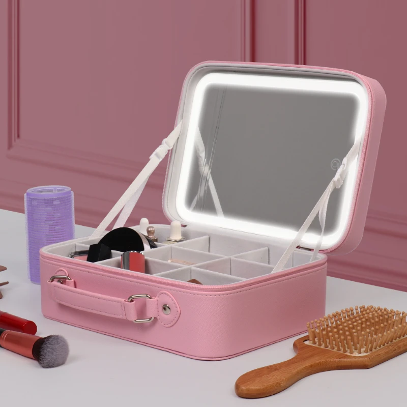 Custom Portable Travel LED Light Makeup Bag Cosmetic Mirror Beauty Case Waterproof Make Up Bag Mirror