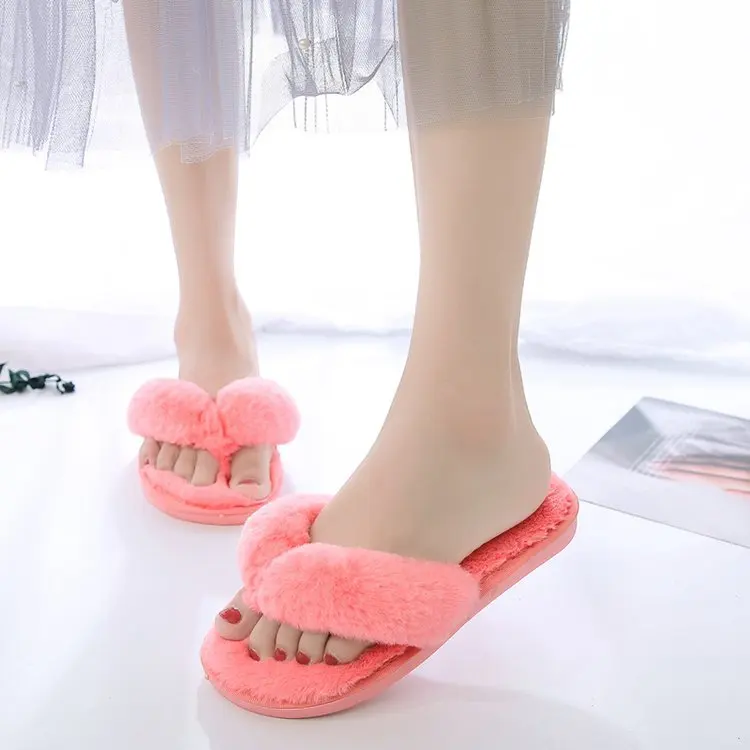Women House Slippers Warm Faux Fur Ladies Cross Soft Plush Furry Female Open Toe Fashion Flip Flops Slides