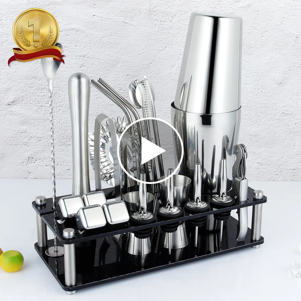 2022 New Arrivals Bar Tools Cocktail Shaker Set 23-Piece Stainless Steel Bartender Kit with Acrylic Stand 4 Whiskey Stones