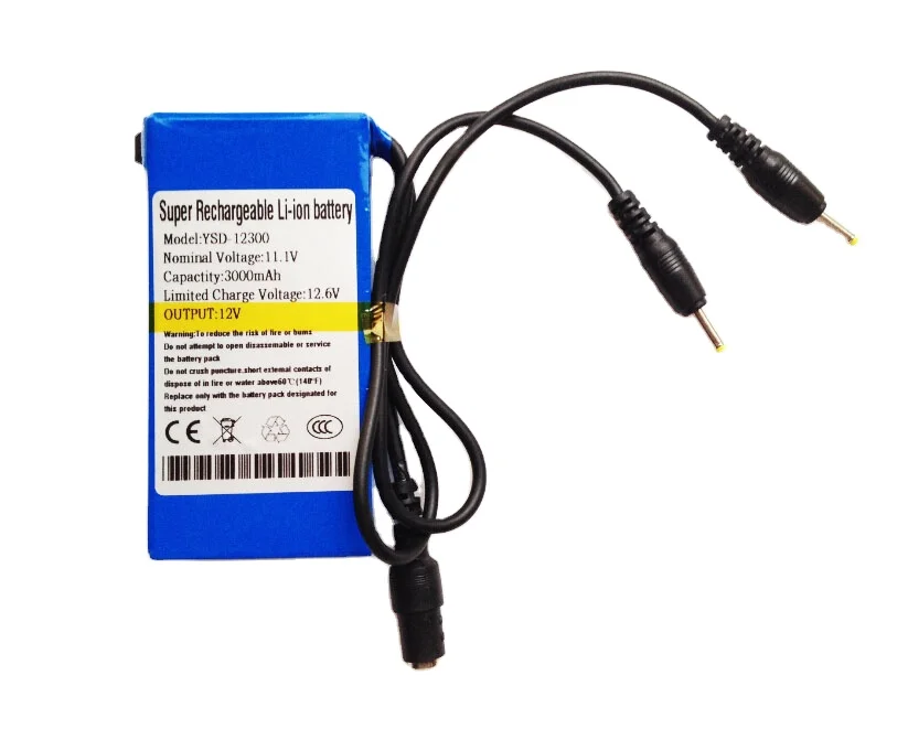Factory customize 12V 3000mah rechargeable Li-ion battery pack with 2.5*0.7mm connector for Lan router,CCTV Camera