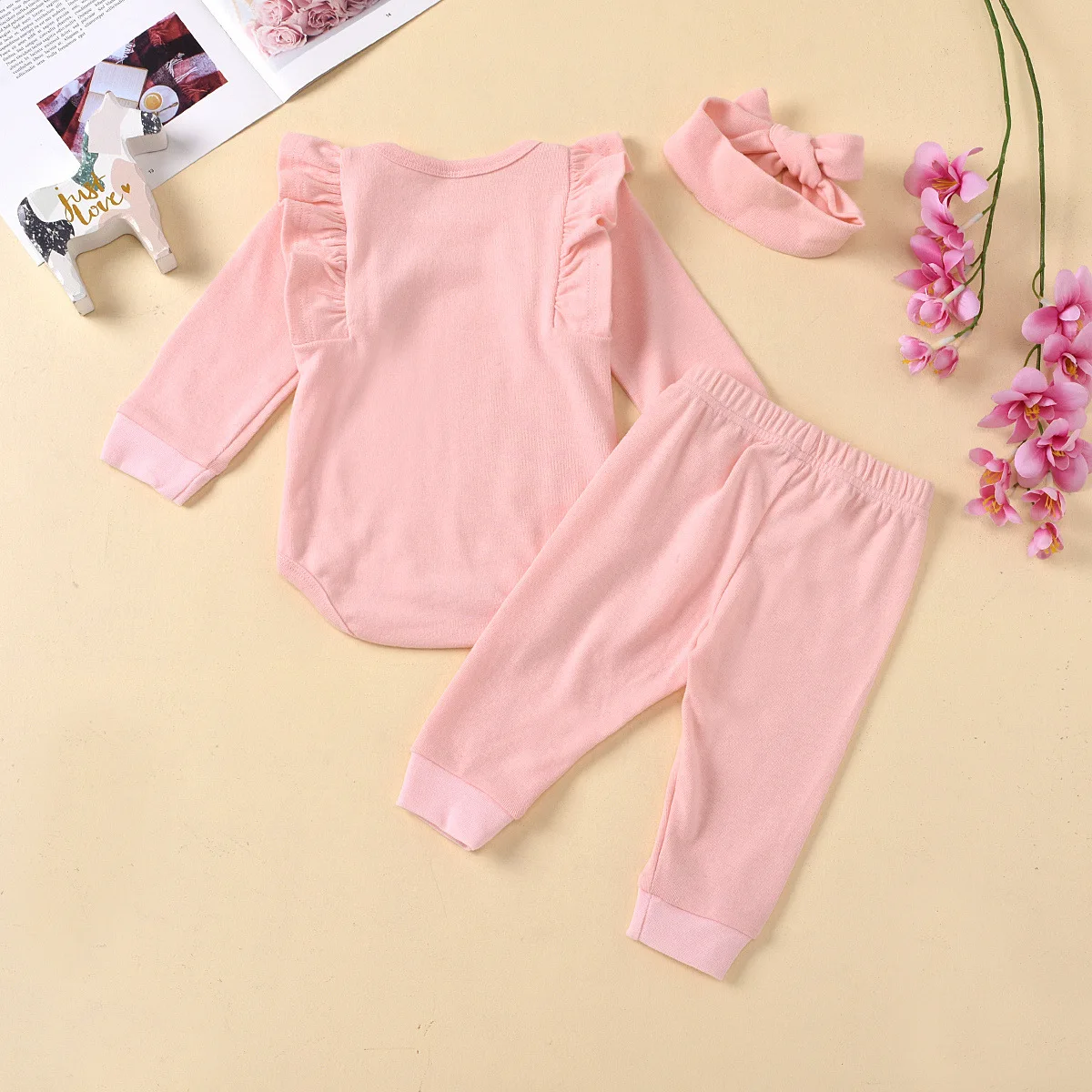 Organic Cotton Infant Clothes Jumpsuit Pink Ruffle Bodysuit Long-Sleeve Plain Newborn Girls Rompers Baby Clothing Set With Pants