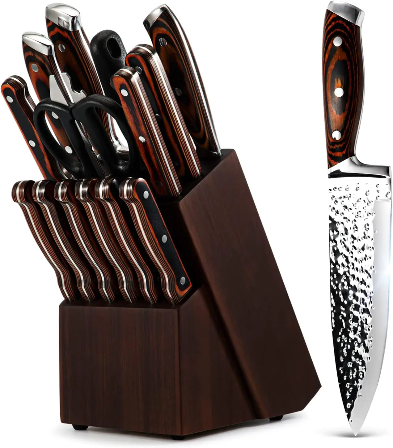 15-Piece High Carbon Japan Stainless Steel Hammered Collection Knife Block Set Kitchen Cutting Knives Set With Block Wooden