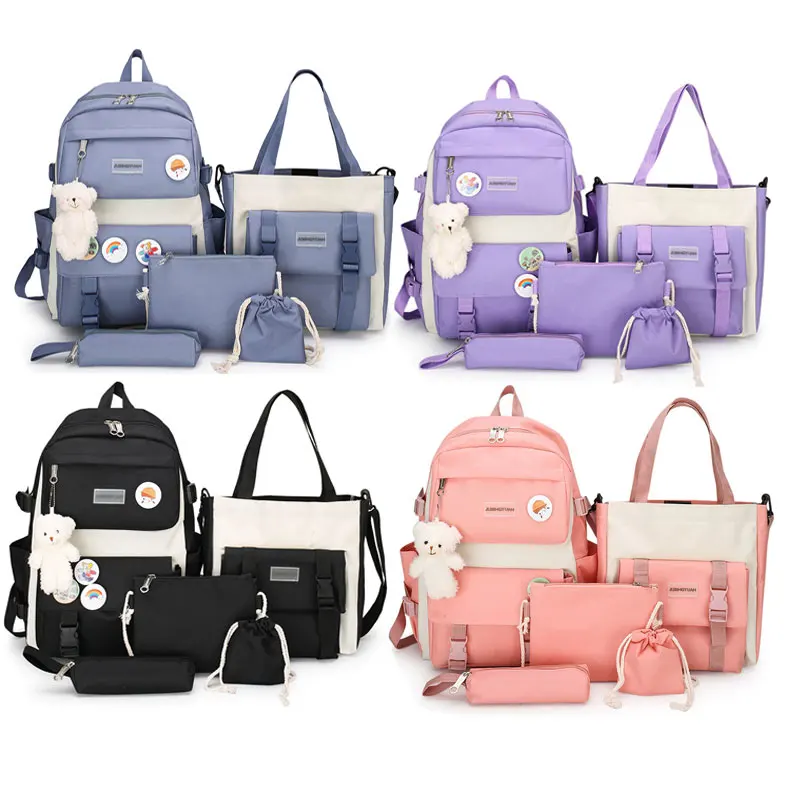 Новинка 2022, Детский рюкзак из пяти предметов, Корейская версия, модный холщовый детский школьный рюкзак для девочек