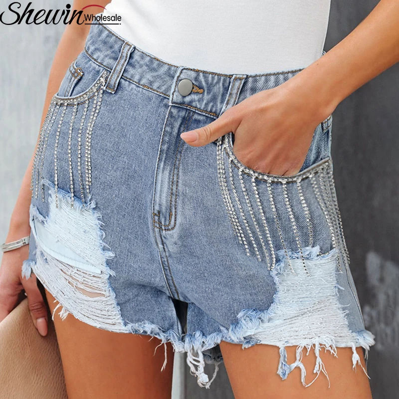 Custom Ladies Jeans Pants Blue Stretch Skinny Ripped Denim Women Jeans Shorts
