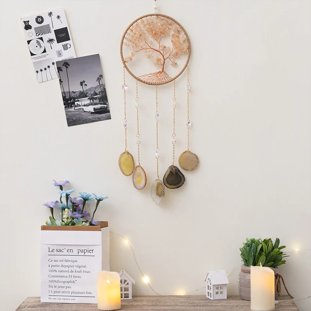 Natural 7 Chakra Gemstone Reiki Healing Agate Tree Of Life Crystal Hanging Dream Catchers Window Decoration