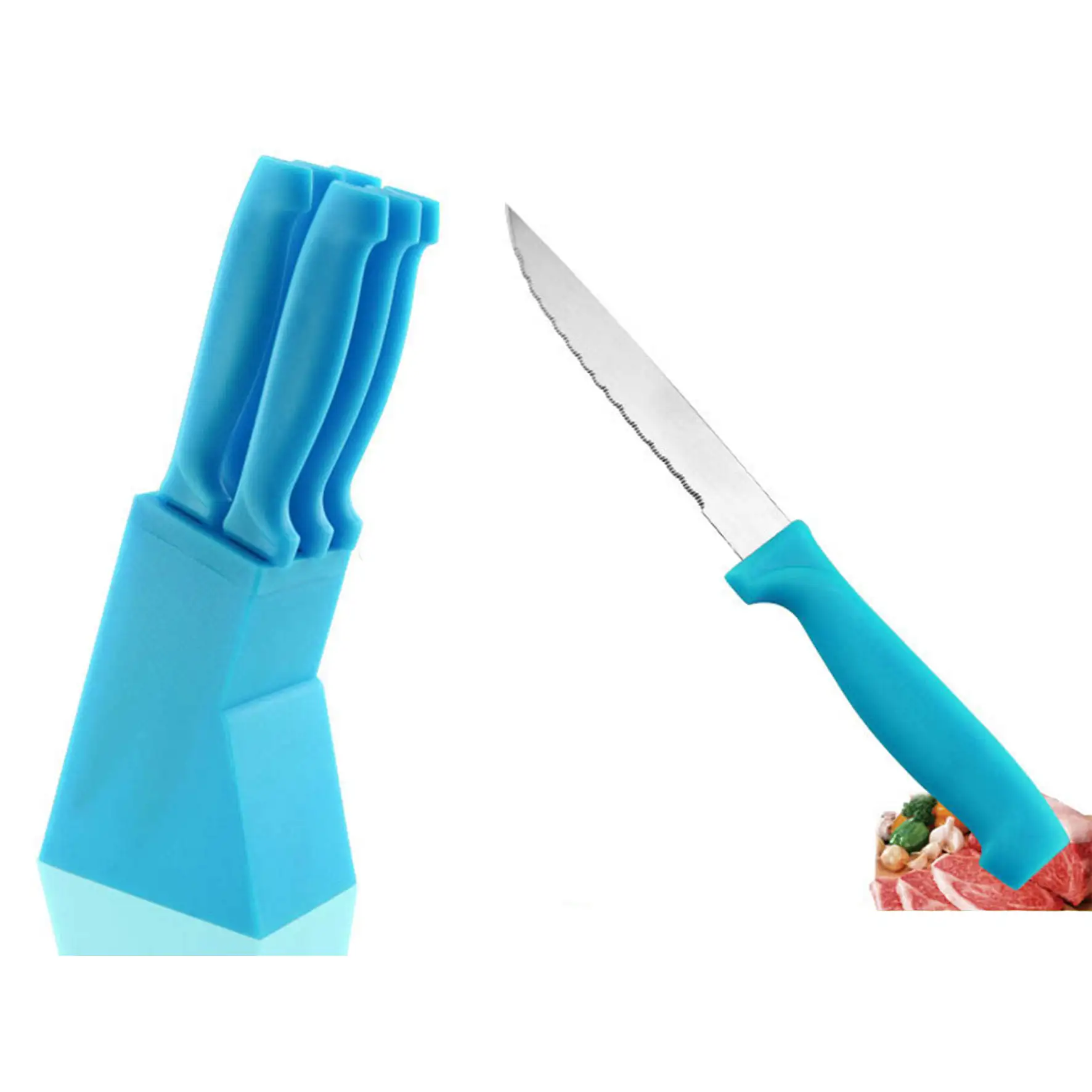 Paring Chef Finger Block Sharper White Blue Cookbest Colorful Handle Stainless Steel Serrated Steak Knife Set with plastic stand