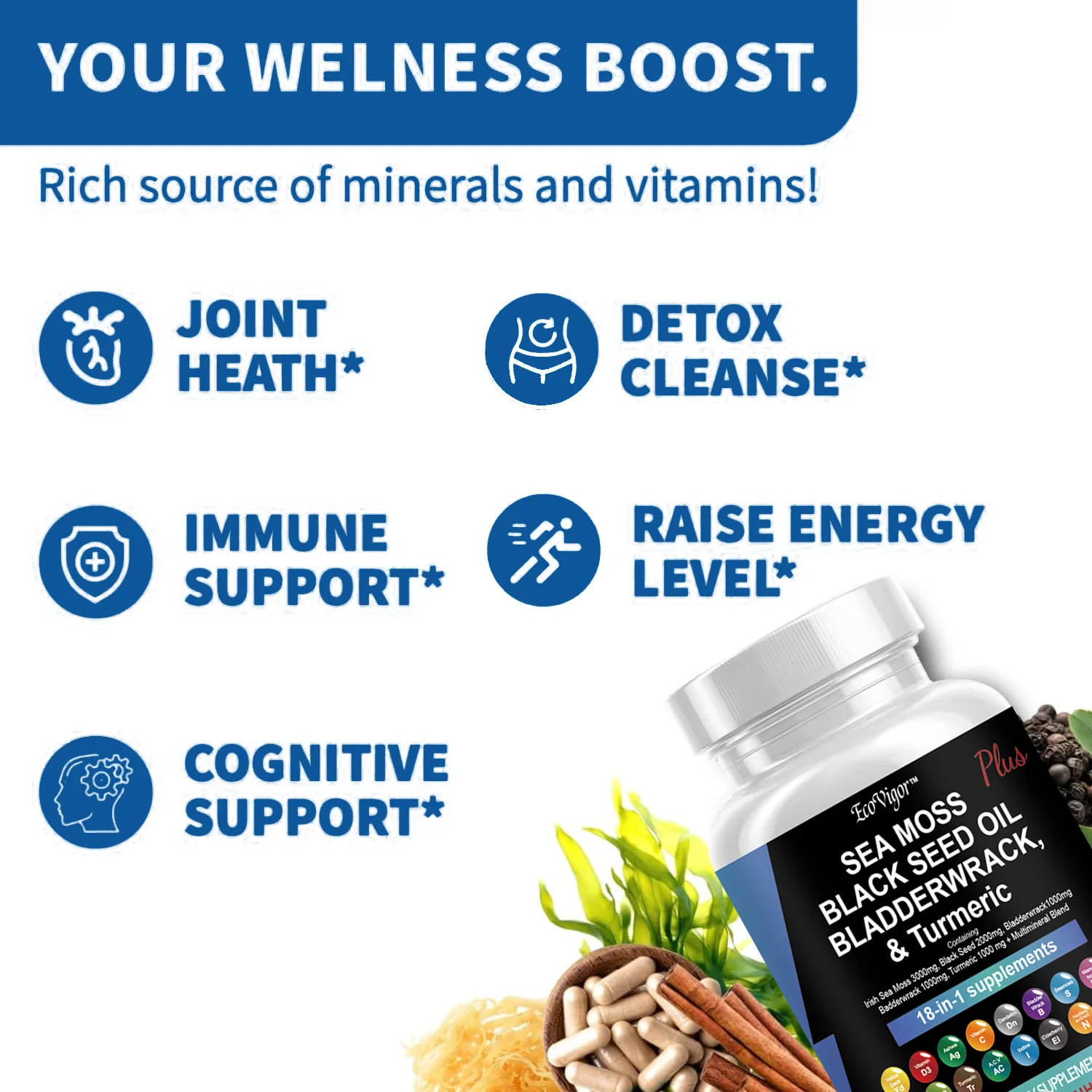 Black Seed Oil  Bladder Wrack  Turmeric 18-in-1 Supplements Joint Support  Sea Moss Capsule