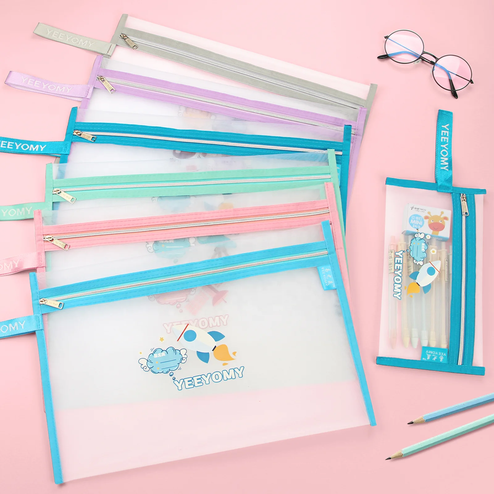 Macaron Color Mesh Zipper Pouch with Label Waterproof Puzzles Games Document Storage Bags for Office School Home Travel Cosmetic