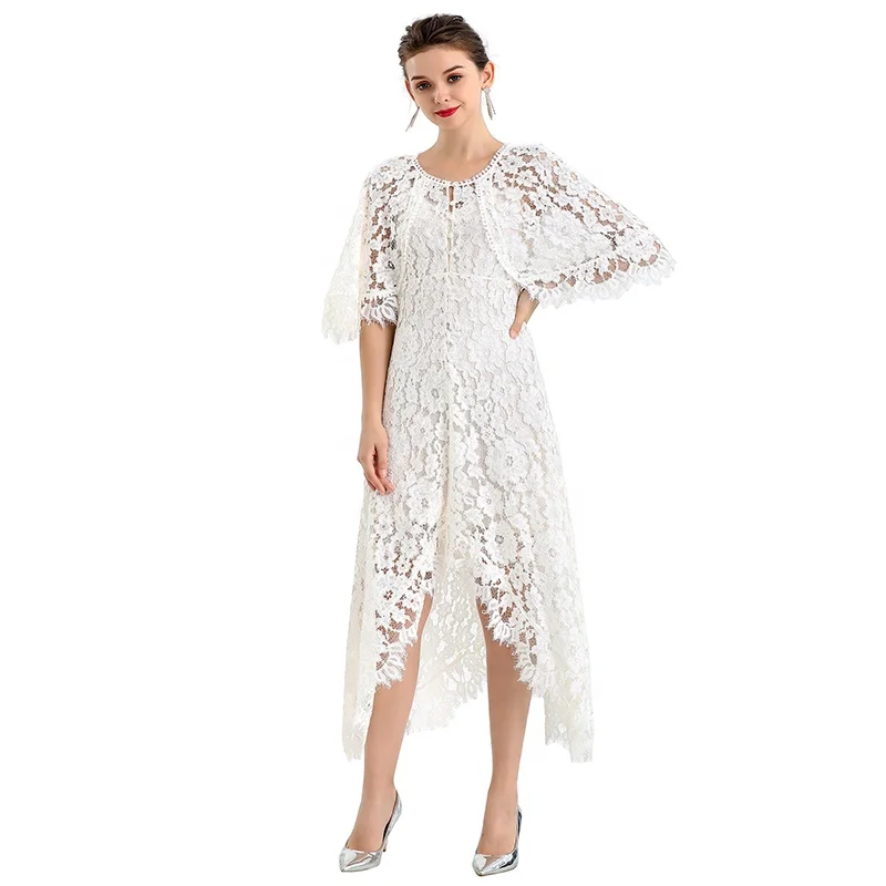 ND078-4 custom odm oem Peony lace cape sleeve flared asymmetric hem midi evening dress factory for women