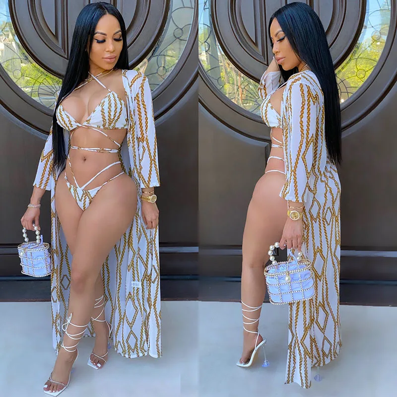 3 Piece Swimwear Sexy Printing String Bikini Swim Suit With Cover Up